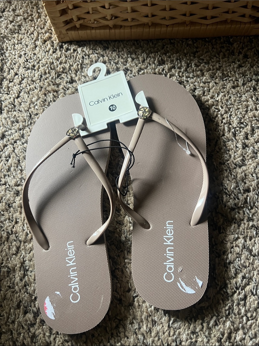 Calvin Klein Taupe Flip Flop Sandals with Gold Logo Accent